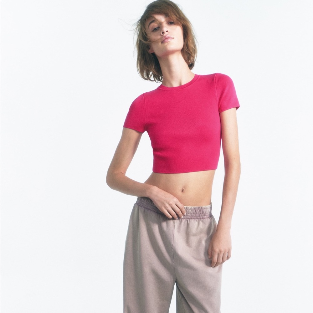Hot pink Zara BASIC CROPPED KNIT TOP